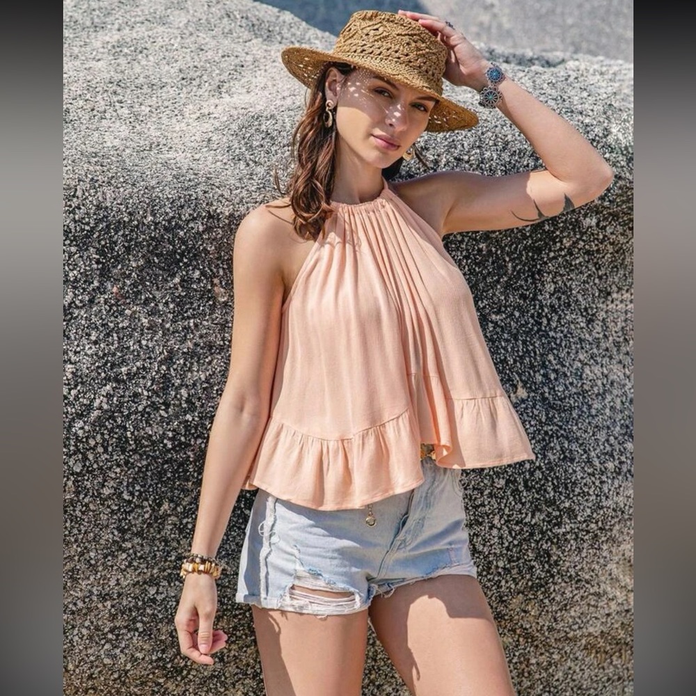 #132 Solid Ruffled Flowy Peachy Top with adjustable tie Halter Neck 100% Viscose